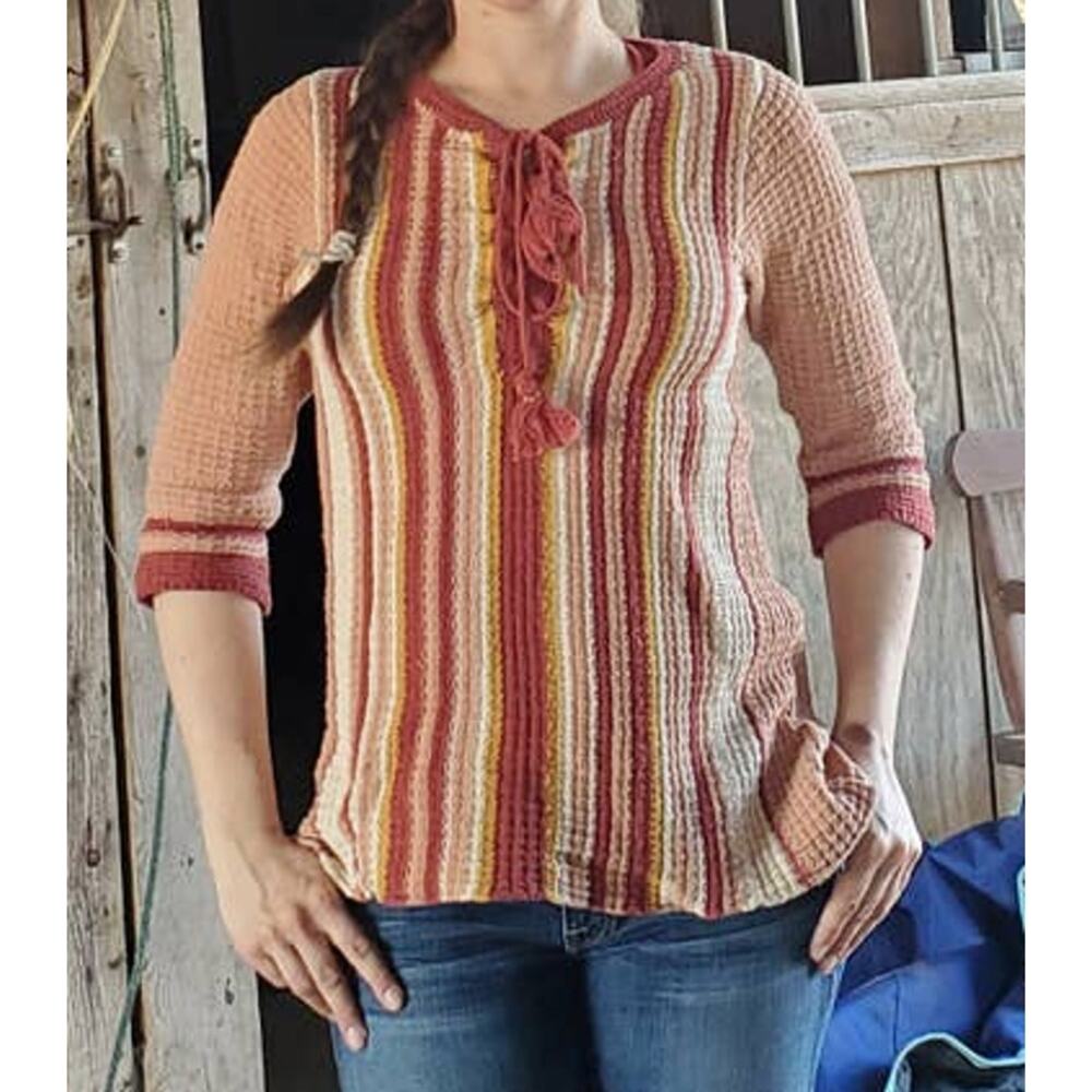 Entro waffle knit lace up tassel tie sweater tangerine striped large